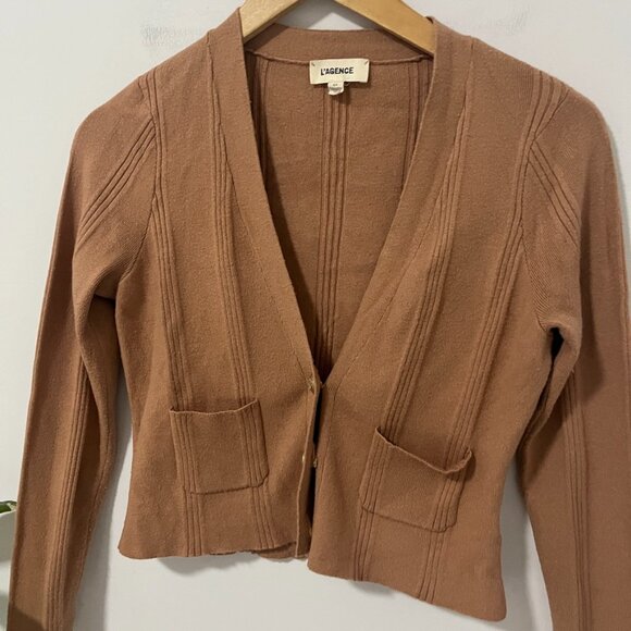 L'Agence Brown Ribbed Knit Cropped Cardigan Sweater Size Small - Picture 2 of 7